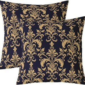 Gold Blue Damask Pillow Covers 24x24 Set of 2 Baroque Floral Decorative Cushions